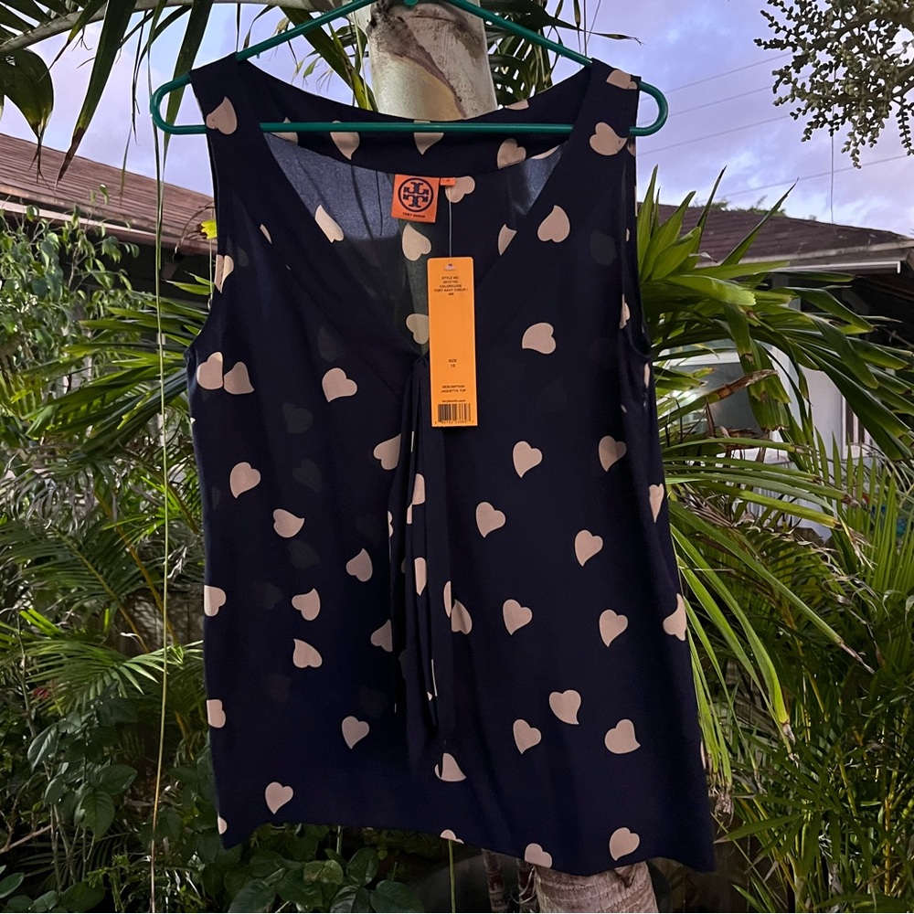 Vintage Tory Burch navy blue blouse with white hearts